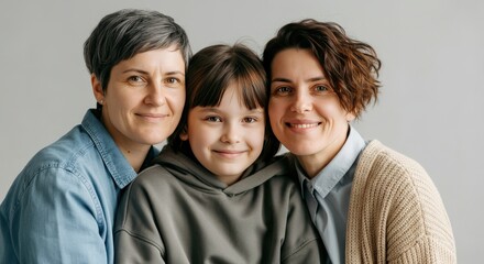 Obraz premium Diverse family portrait with caucasian women and child embracing in warm clothing for lifestyle and bonding theme