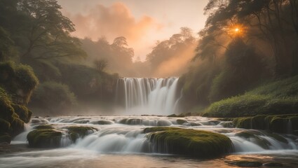 Majestic Waterfall at Sunrise Golden Light Bathes the Scene.