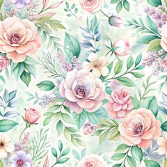 Flowery pattern with pink and green flowers. Seamless pattern. Watercolor