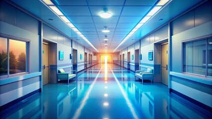 Fototapeta premium Empty Hospital Corridor Drone Shot - Bright Defocused Background AI Photo
