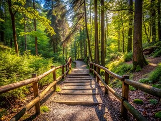 Obraz premium Empty Hiking Trail, Sunny Forest, Gravel Steps, Wooden Railing