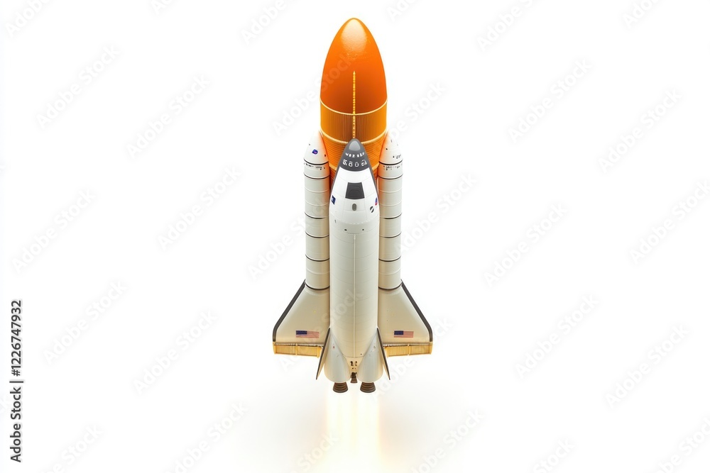 Poster a model of a space shuttle soaring through the air, perfect for science or technology illustrations