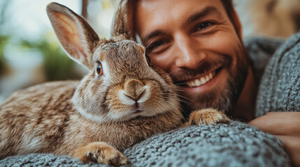 Naklejka premium Young man is holding a cute rabbit and smiling while sitting on the sofa at home
