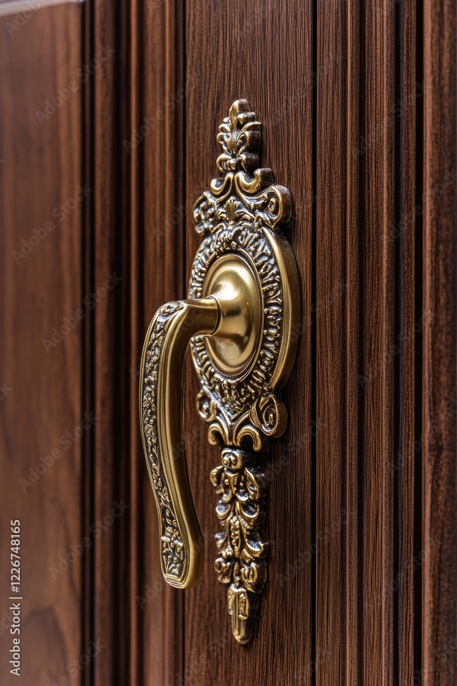 Poster a close-up view of a wooden door handle with intricate details
