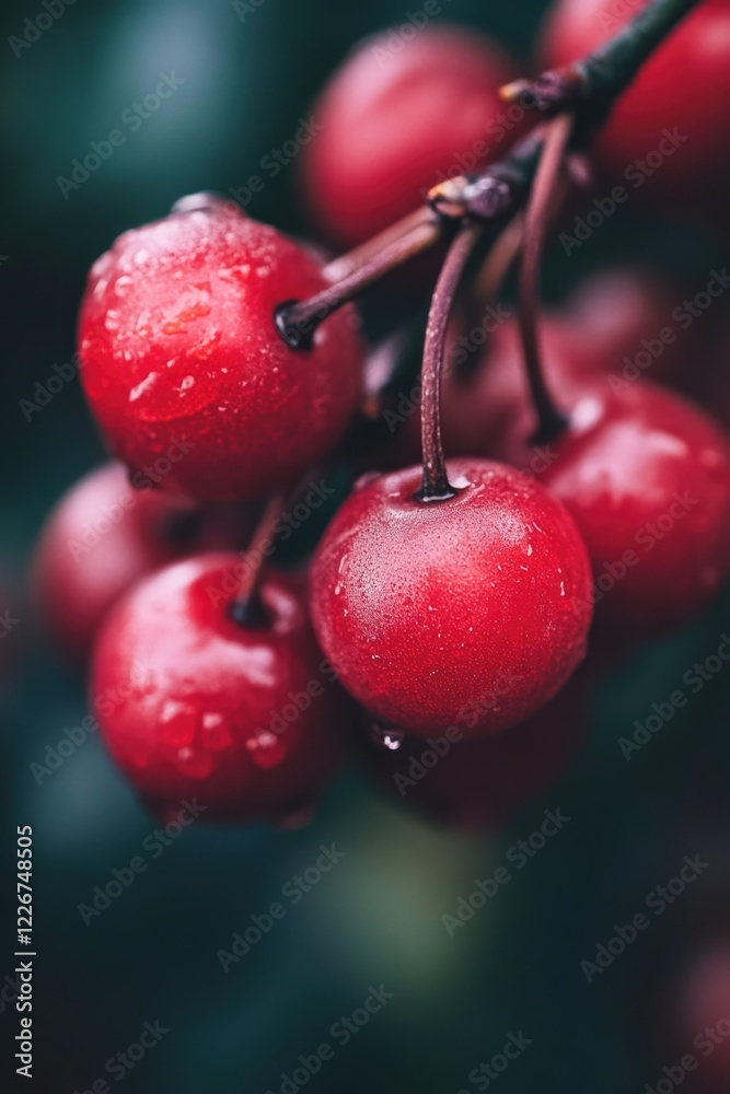 Poster close-up of a bunch of cherries hanging from a tree branch
