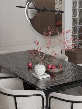 Interior design, modern, close iup on decoration. table setting with red decor.