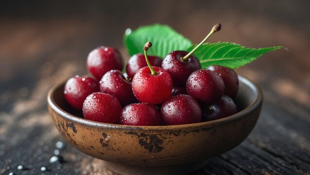 Ripe sweet cherries with water droplets in a brown bowl on a dark rustic wooden surface featuring a green leaf for contrast.