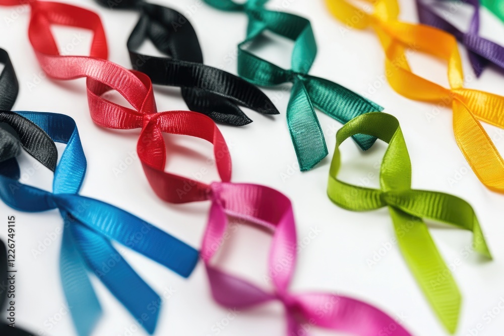 Poster a close-up shot of various colored ribbons, great for use in craft projects or as decorative element