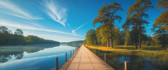 scenic overlook with wooden pathway leading to tranquil lake view