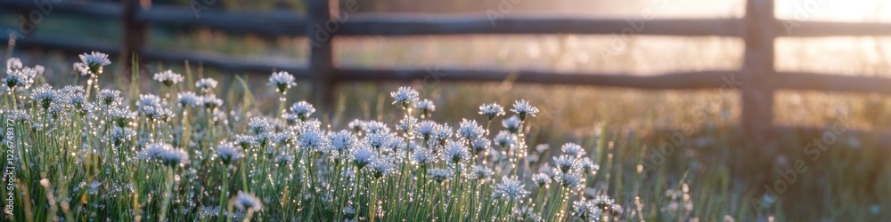 Poster a bright and colorful field of flowers with a rustic wooden fence in the background