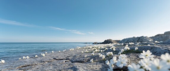 Obraz premium Serene Coastal View with White Flowers by Rocky Shoreline under Clear Blue Sky