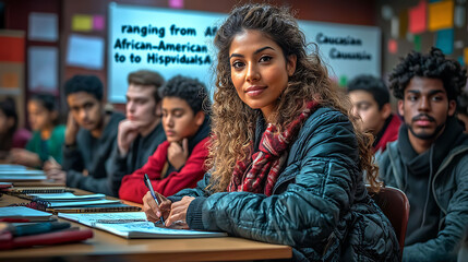 Fototapeta premium Young woman with curly hair takes notes in a diverse classroom setting. A captivating image ideal for education, diversity, and backtoschool themes.