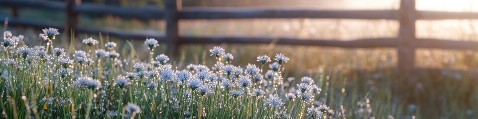 Obraz premium A bright and colorful field of flowers with a rustic wooden fence in the background