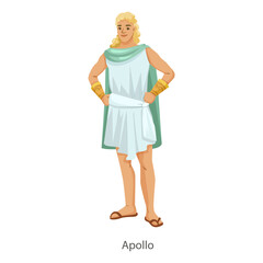 Illustration of Apollo, Greek god, with golden bracelets, light robe, blonde hair, isolated on white background. Mythology concept. Vector illustration.