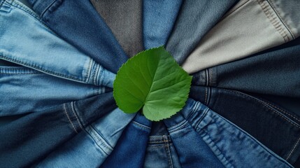 A single green leaf sits atop a pile of blue jeans, great for representing nature's beauty in an unexpected place or as a symbol of growth amidst chaos