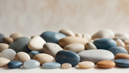 Smooth pebbles in various colors and sizes create natural texture.