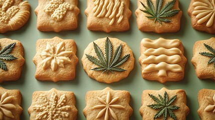 Banner with cookies featuring cannabis leaf imprints on a green background. Edibles industry branding, creative food presentation for marketing visuals.