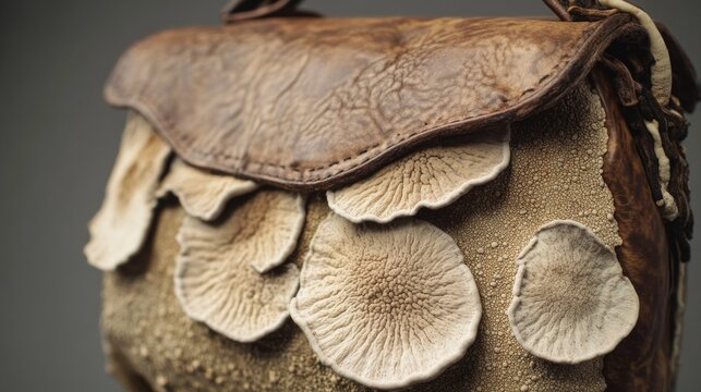 A purse with unique mushroom-shaped embroidery sits on a table, perfect for outdoor enthusiast or nature-inspired accessory