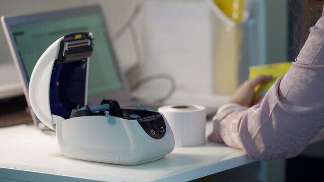 focused woman sits in her home office, using a thermal shipping barcode label printer to print labels, showcasing her dedication to her small business and organization.