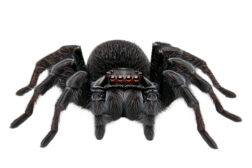 Giant black spider features striking red markings on its back while poised in a symmetrical position against a transparent background