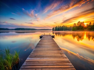 Fototapeta premium Empty Wooden Dock Long Exposure Lake Serenity