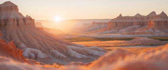 Naklejka premium Stunning sunrise over rugged Badlands landscape with dramatic rock formations