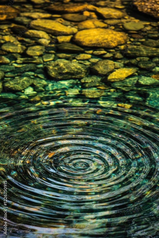 Poster a serene and peaceful scene featuring a circular pool of water surrounded by rocks, perfect for rela
