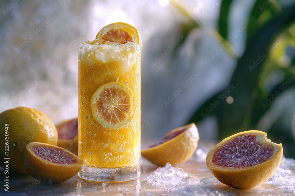 Poster freshly squeezed orange juice served with sliced oranges