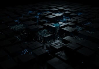Dark tech abstract with floating blocks, some solid, some glowing blue. Modern, sleek, data-driven, and mysterious