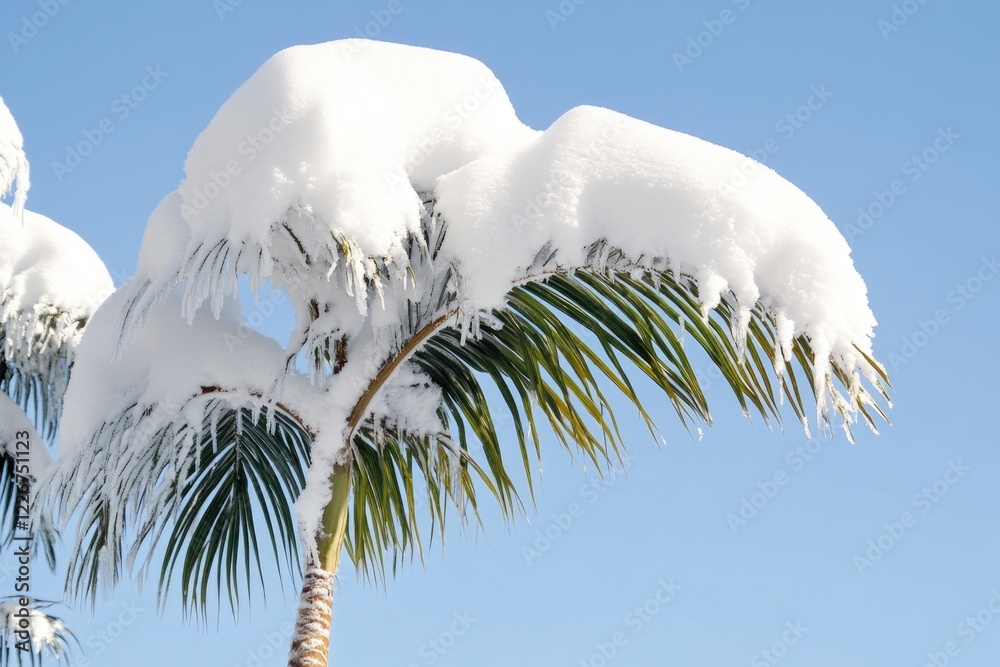 Poster a palm tree stands tall with its fronds and trunk blanketed in snow, despite the sunny weather