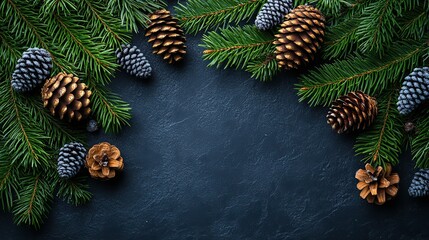 Fototapeta premium Beautiful Christmas background with green pine tree branch close up. Copy space. Trendy moody dark toned design for seasonal quotes, vintage December wallpaper. Natural winter holiday forest backdrop.