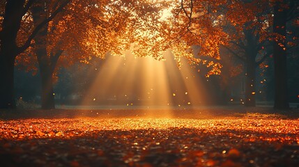 Beautiful natural autumn background with sunlight shining through orange, golden yellow tree foliage. Fall in a park with bright sunbeams creating a warm atmosphere.