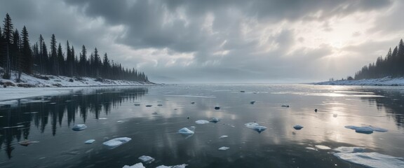 Fototapeta premium Icy waters of a frozen lake under cloudy skies, frosty landscape, peaceful atmosphere