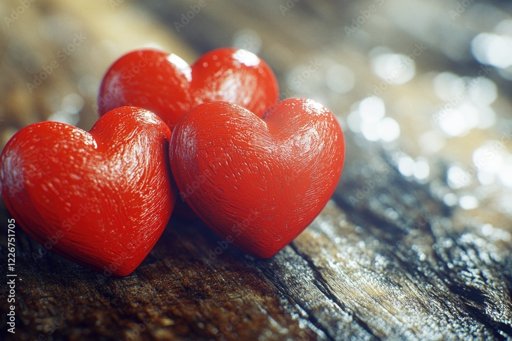 Poster a simple and romantic arrangement of three red hearts placed on a wooden table