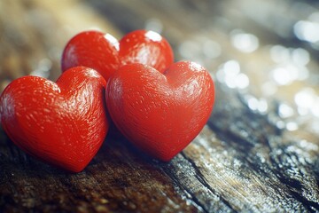 Fototapeta premium A simple and romantic arrangement of three red hearts placed on a wooden table