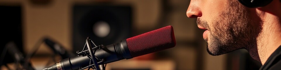 Obraz premium A person working on vocals in a soundproofed room, great for music-related uses