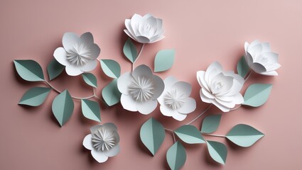 Obraz premium White Paper Flowers and Leaves on Pink Background