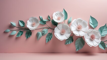 White Paper Flowers and Leaves on Pink Background.
