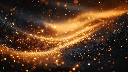 Black and gold glitter shimmer particles flow. Festive holiday background.