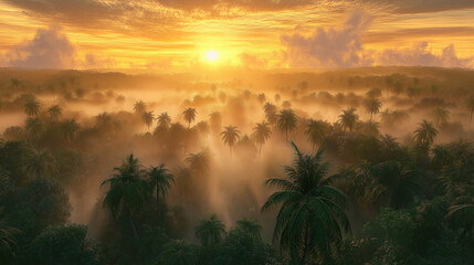 Nature's awakening golden sunrise over a misty and lush tropical jungle