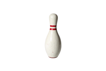 A bowling pin with red stripes shows a slightly rounder shape, retaining its polished yet slightly aged look, isolated on a transparent background