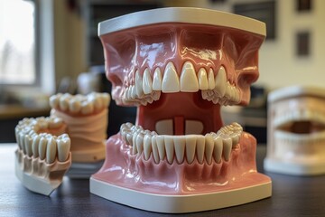 A dental model showing teeth on a table, ideal for medical or educational purposes