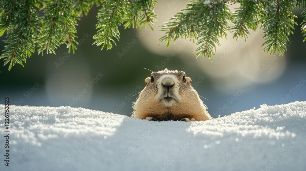 Poster a groundhog sits in the snow under a tree, looking up at something