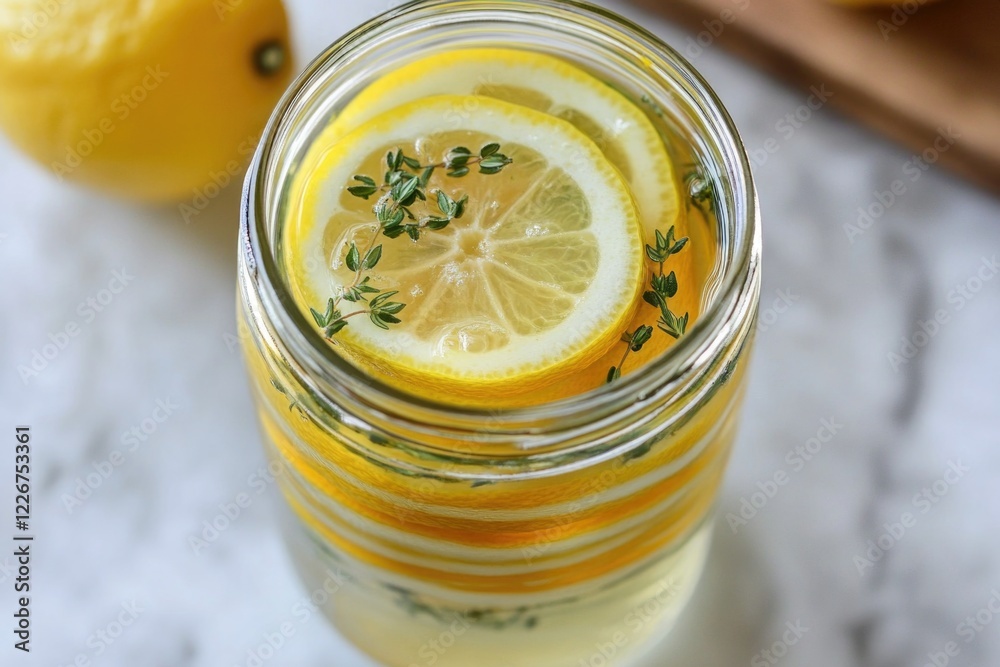 Poster A refreshing drink with a slice of lemon floating on the surface, perfect for hot summer days