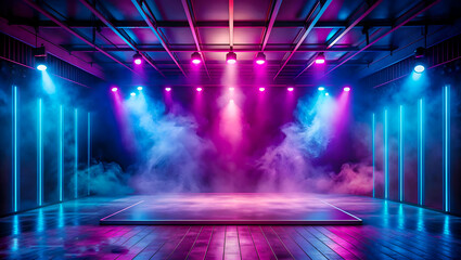 Empty Modern Stage with Neon Lighting Effects and Smoke, Futuristic Performance Platform with Purple and Blue Illumination in Dramatic Club Atmosphere