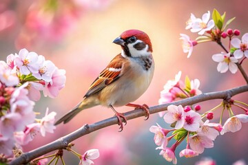 Eurasian Tree Sparrow on Cherry Blossom, Food Photography, AI Art