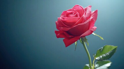 A single red rose with green leaves in a clear glass vase