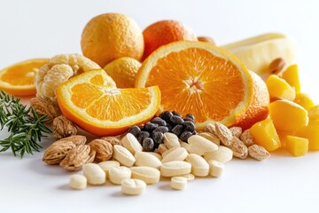 Fototapeta premium A colorful arrangement of fresh fruits and nuts on a white background