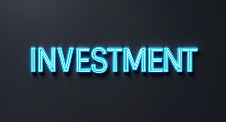investment word lettering with neon blue glow on plain black dark background