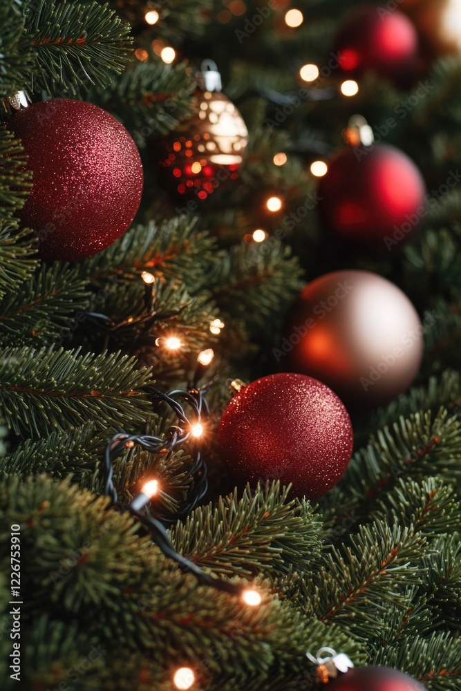 Poster a close-up view of a decorated christmas tree with colorful ornaments